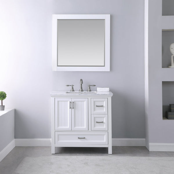 Isla 36 Single Bathroom Vanity Set in White and Carrara White Marble Countertop with Mirror
