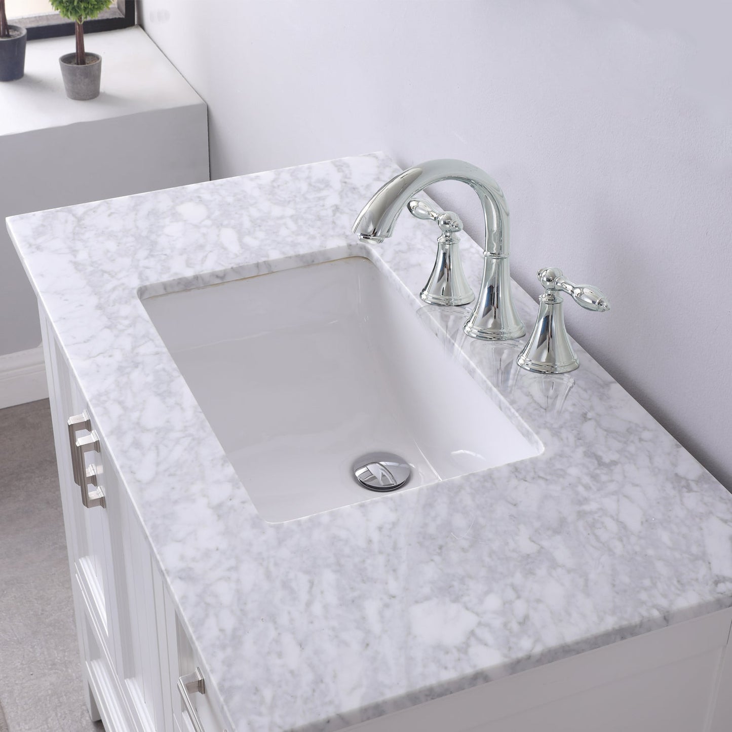 Isla 36" Single Bathroom Vanity Set in White and Carrara White Marble Countertop with Mirror