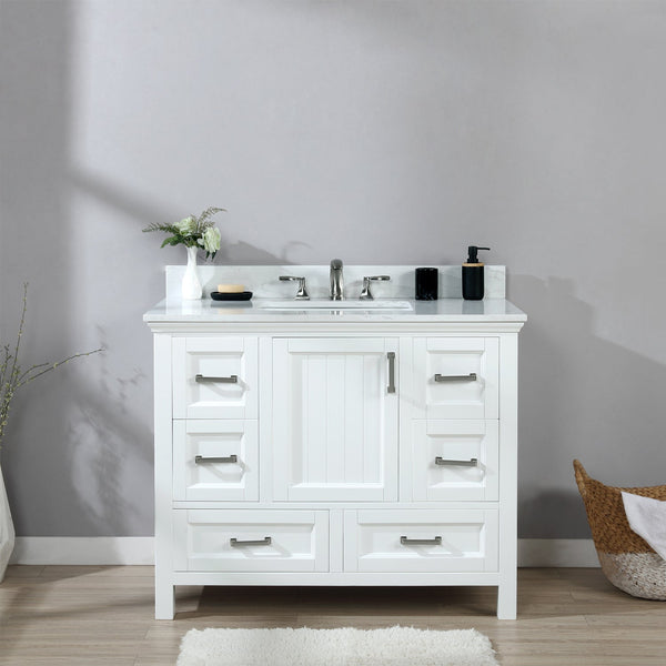 Isla 42 Single Bathroom Vanity Set in White and Carrara White Marble Countertop without Mirror