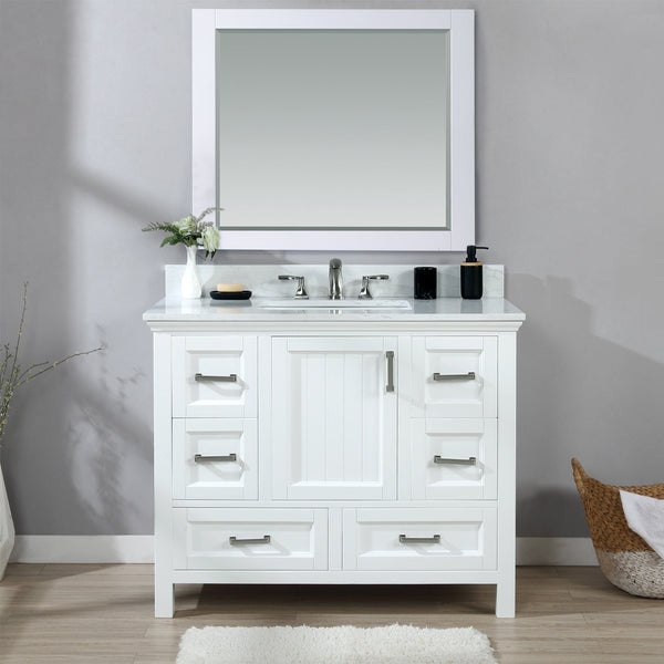 Isla 42 Single Bathroom Vanity Set in White and Carrara White Marble Countertop with Mirror
