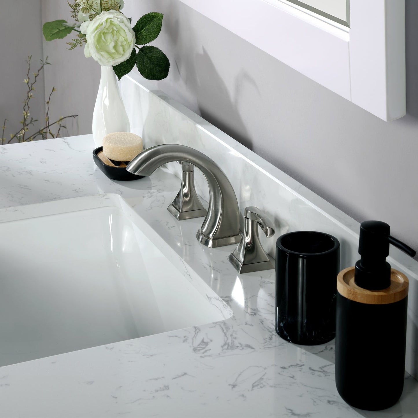 Isla 42" Single Bathroom Vanity Set in White and Aosta White Composite Stone Countertop with Mirror