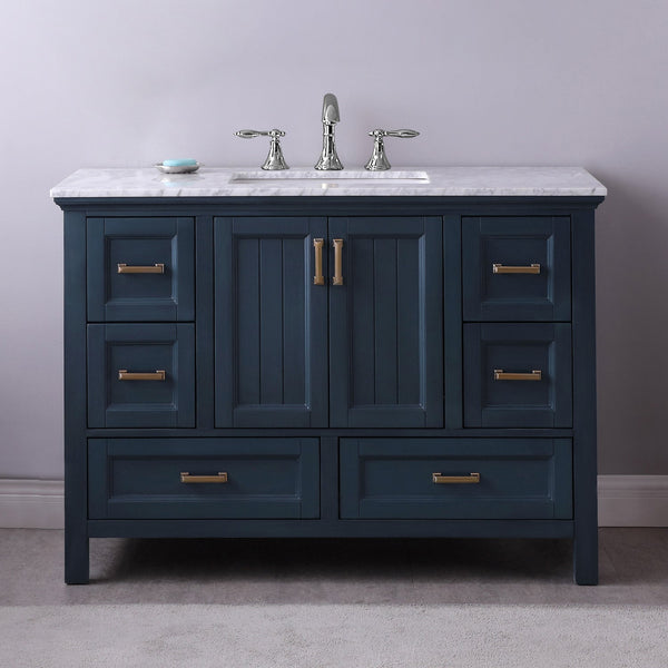 Isla 48 Single Bathroom Vanity Set in Classic Blue and Carrara White Marble Countertop without Mirror