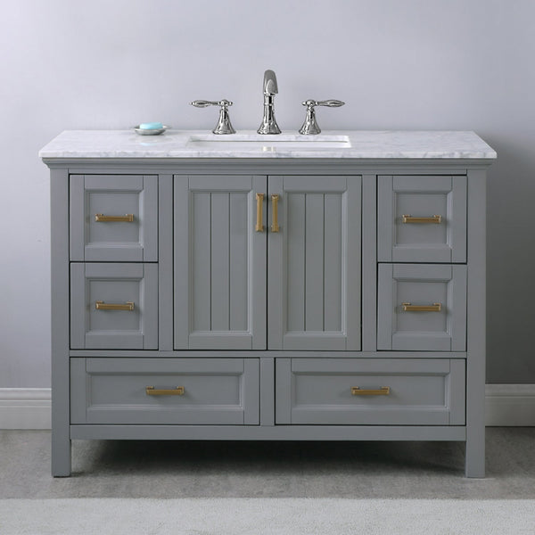 Isla 48 Single Bathroom Vanity Set in Gray and Carrara White Marble Countertop without Mirror