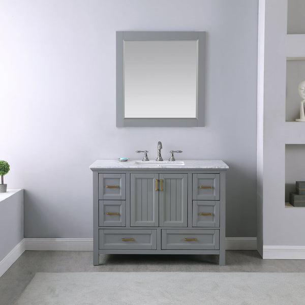Isla 48 Single Bathroom Vanity Set in Gray and Carrara White Marble Countertop with Mirror