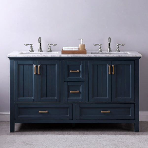 Isla 60 Double Bathroom Vanity Set in Classic Blue and Carrara White Marble Countertop without Mirror