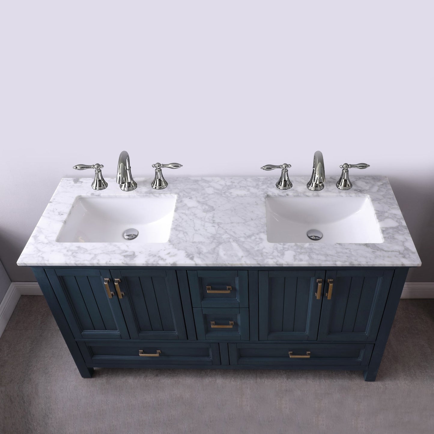 Isla 60" Double Bathroom Vanity Set in Classic Blue and Carrara White Marble Countertop without Mirror