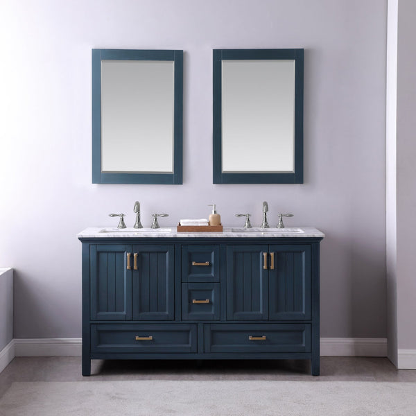 Isla 60 Double Bathroom Vanity Set in Classic Blue and Carrara White Marble Countertop with Mirror