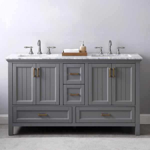 Isla 60 Double Bathroom Vanity Set in Gray and Carrara White Marble Countertop without Mirror