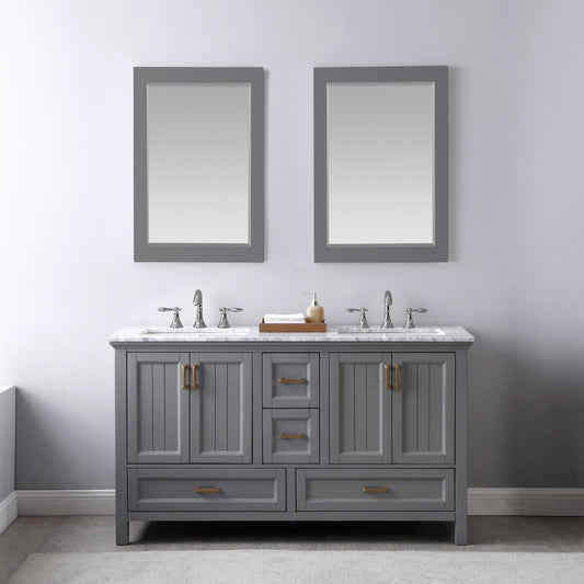 Isla 60" Double Bathroom Vanity Set in Gray and Carrara White Marble Countertop with Mirror