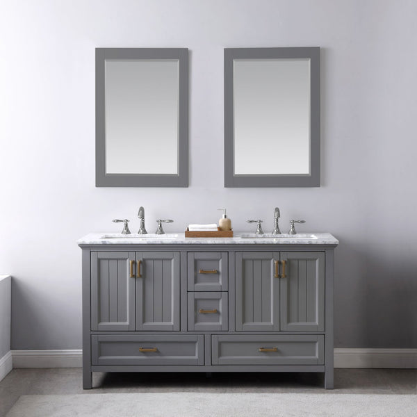 Isla 60 Double Bathroom Vanity Set in Gray and Carrara White Marble Countertop with Mirror