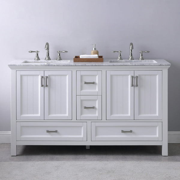 Isla 60 Double Bathroom Vanity Set in White and Carrara White Marble Countertop without Mirror