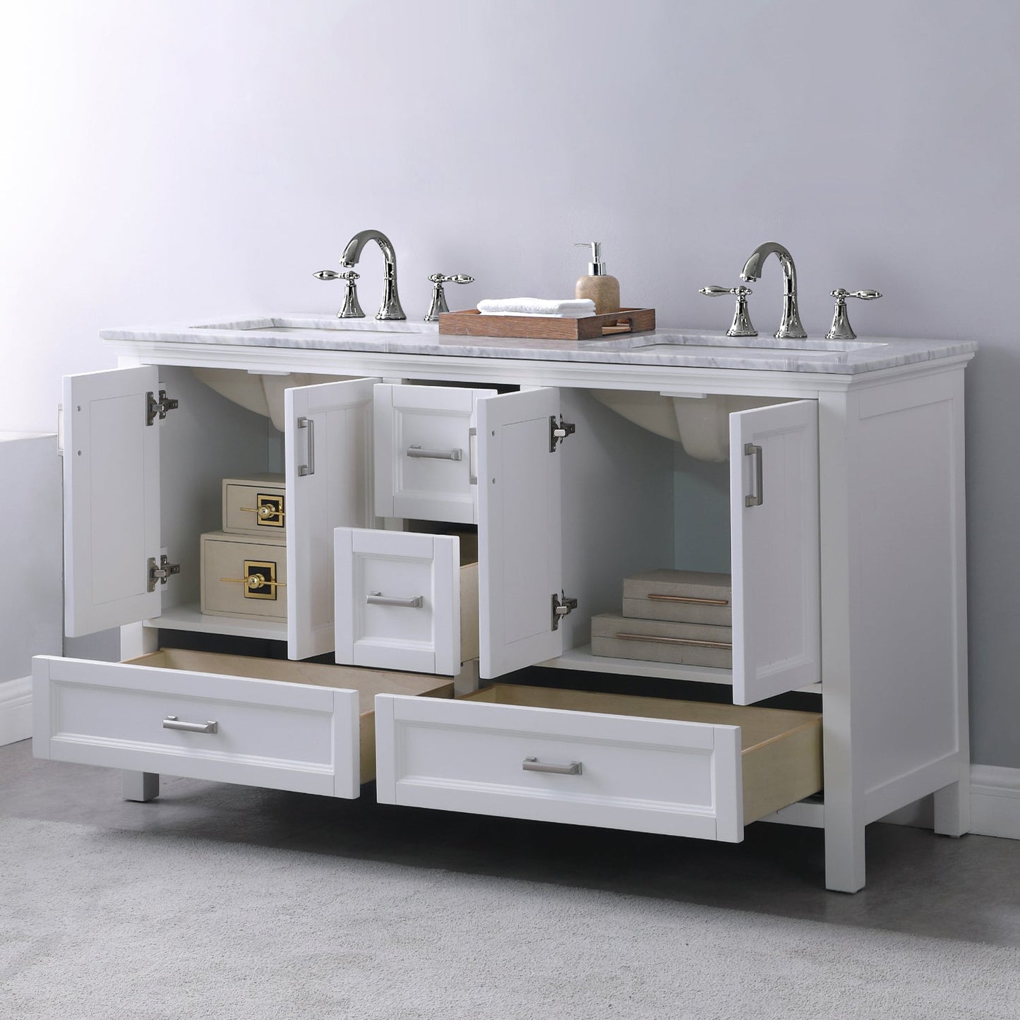 Isla 60" Double Bathroom Vanity Set in White and Carrara White Marble Countertop without Mirror