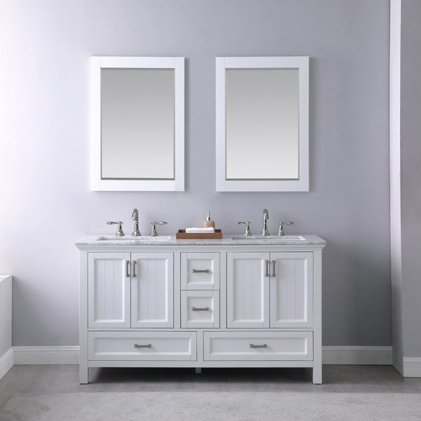 Isla 60 Double Bathroom Vanity Set in White and Carrara White Marble Countertop with Mirror