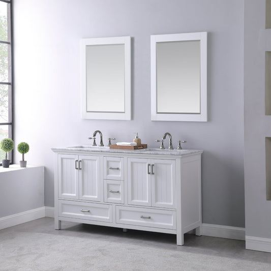 Isla 60" Double Bathroom Vanity Set in White and Carrara White Marble Countertop with Mirror