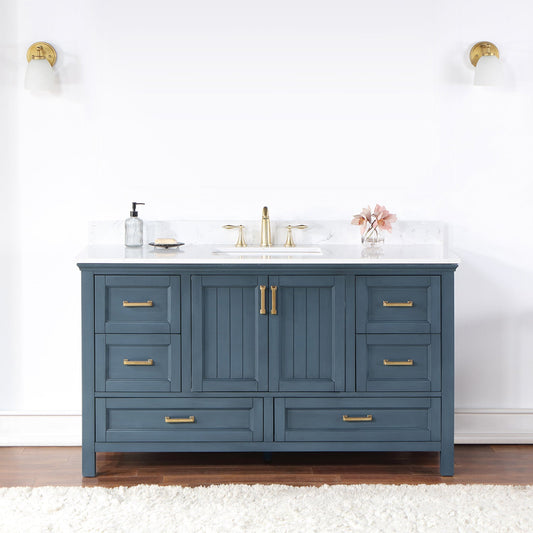 Isla 60" Single Bathroom Vanity Set in Classic Blue and Composite Carrara White Stone Countertop without Mirror
