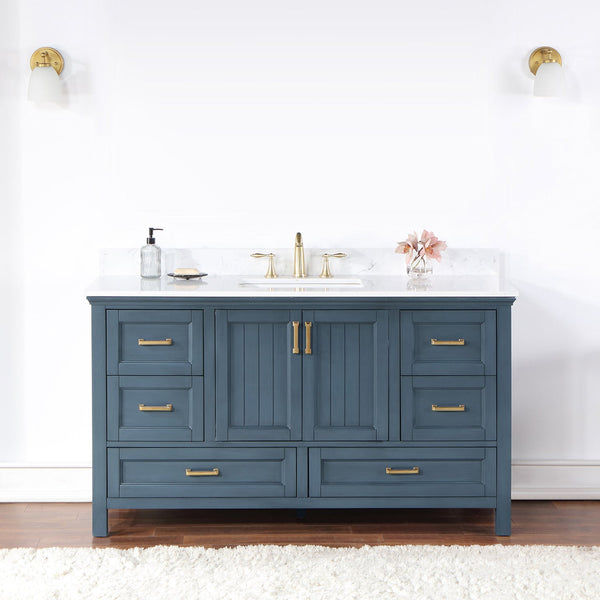 Isla 60 Single Bathroom Vanity Set in Classic Blue and Composite Carrara White Stone Countertop without Mirror