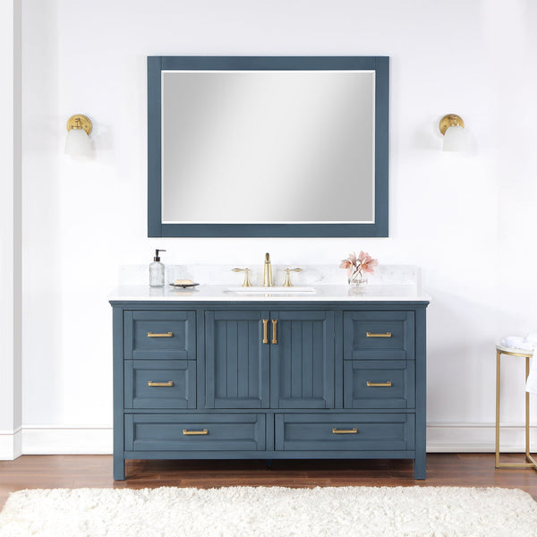 Isla 60 Single Bathroom Vanity Set in Classic Blue and Composite Carrara White Stone Countertop with Mirror