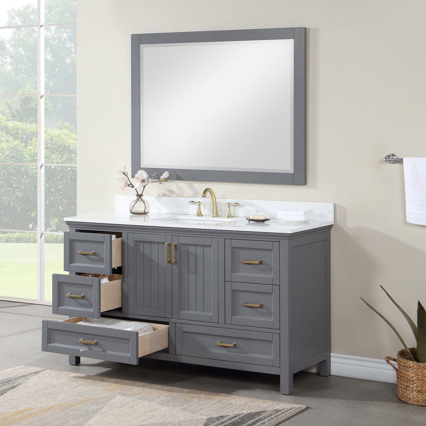 Isla 60" Single Bathroom Vanity Set in Gray and Composite Carrara White Stone Countertop with Mirror