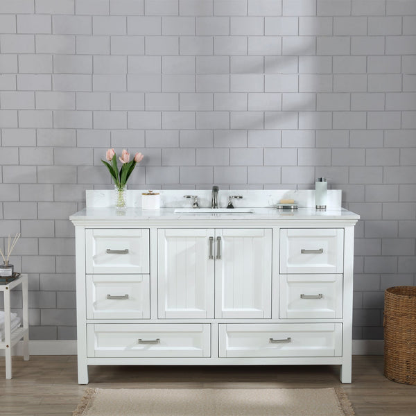 Isla 60 Single Bathroom Vanity Set in White and Carrara White Marble Countertop without Mirror