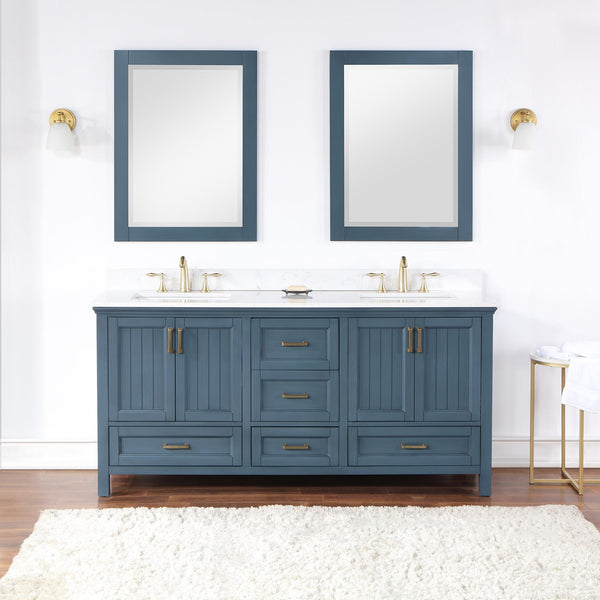 Isla 72 Double Bathroom Vanity Set in Classic Blue and Composite Carrara White Stone Countertop with Mirror