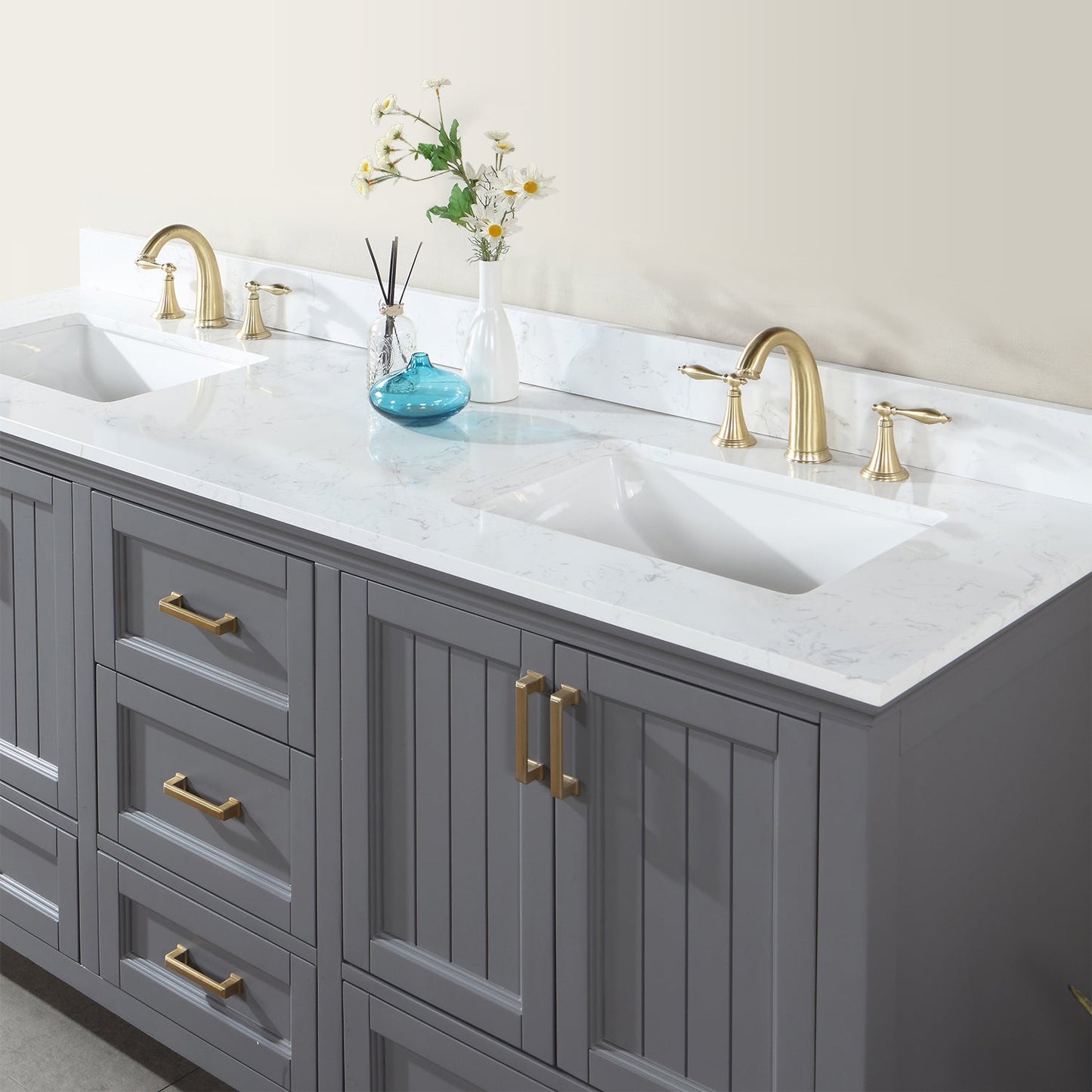 Isla 72" Double Bathroom Vanity Set in Gray and Composite Carrara White Stone Countertop without Mirror