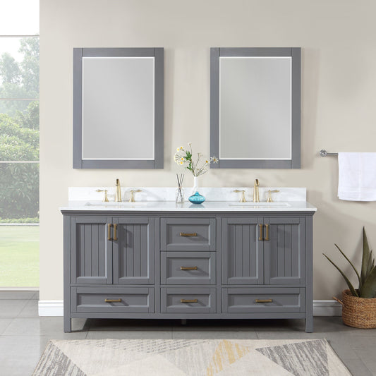 Isla 72" Double Bathroom Vanity Set in Gray and Composite Carrara White Stone Countertop with Mirror