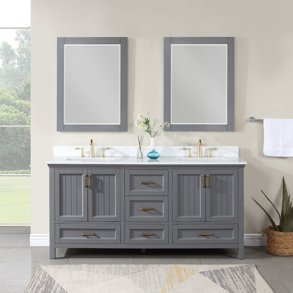 Isla 72 Double Bathroom Vanity Set in Gray and Composite Carrara White Stone Countertop with Mirror