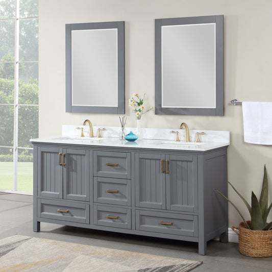 Isla 72" Double Bathroom Vanity Set in Gray and Composite Carrara White Stone Countertop with Mirror