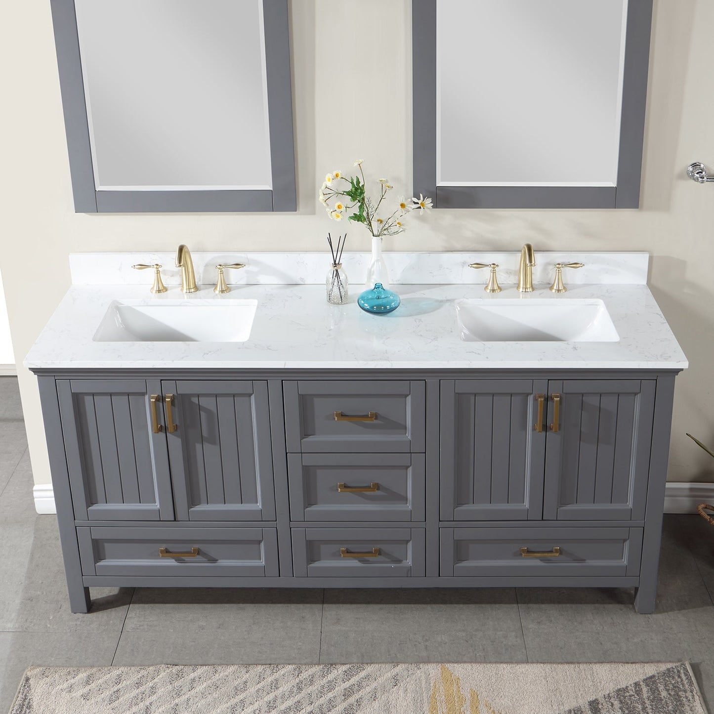 Isla 72" Double Bathroom Vanity Set in Gray and Composite Carrara White Stone Countertop with Mirror