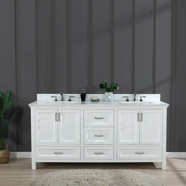 Isla 72 Double Bathroom Vanity Set in White and Carrara White Marble Countertop without Mirror