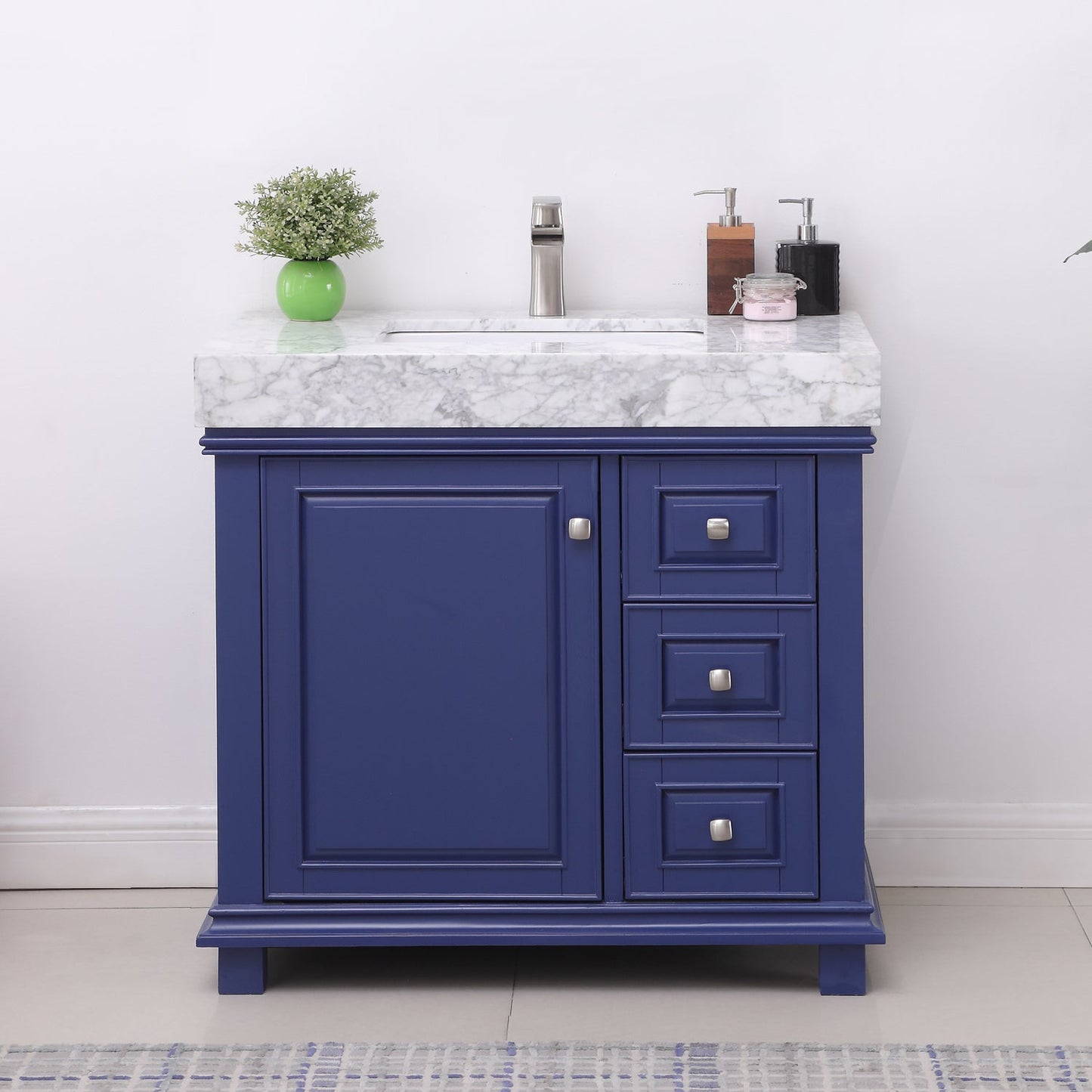 Jardin 36" Single Bathroom Vanity Set in Jewelry Blue and Carrara White Marble Countertop without Mirror