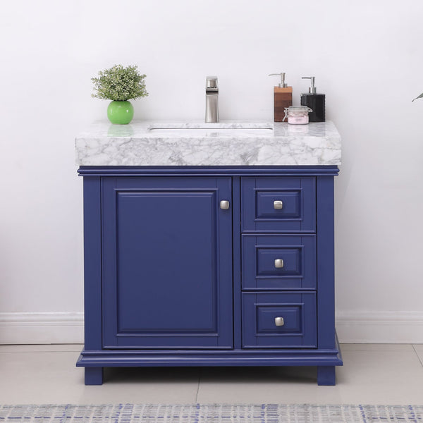 Jardin 36 Single Bathroom Vanity Set in Jewelry Blue and Carrara White Marble Countertop without Mirror