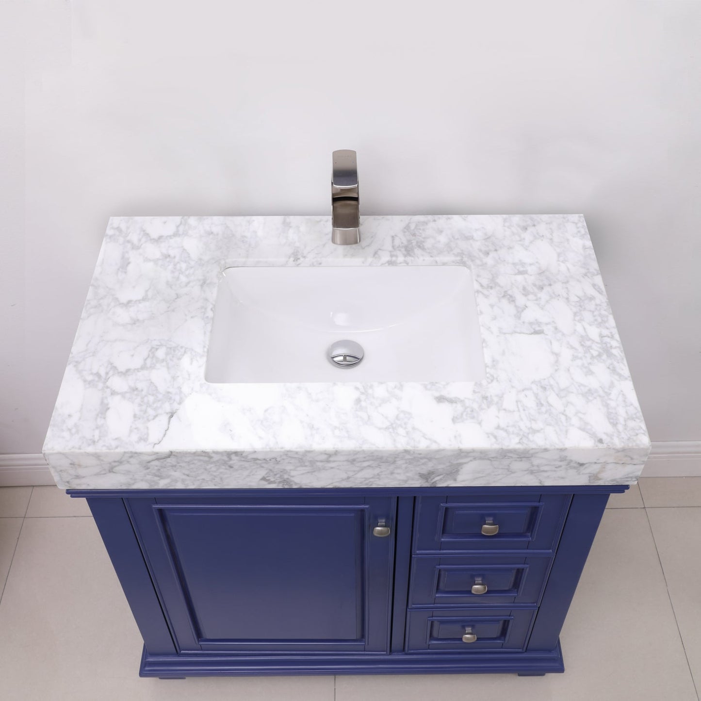 Jardin 36" Single Bathroom Vanity Set in Jewelry Blue and Carrara White Marble Countertop without Mirror