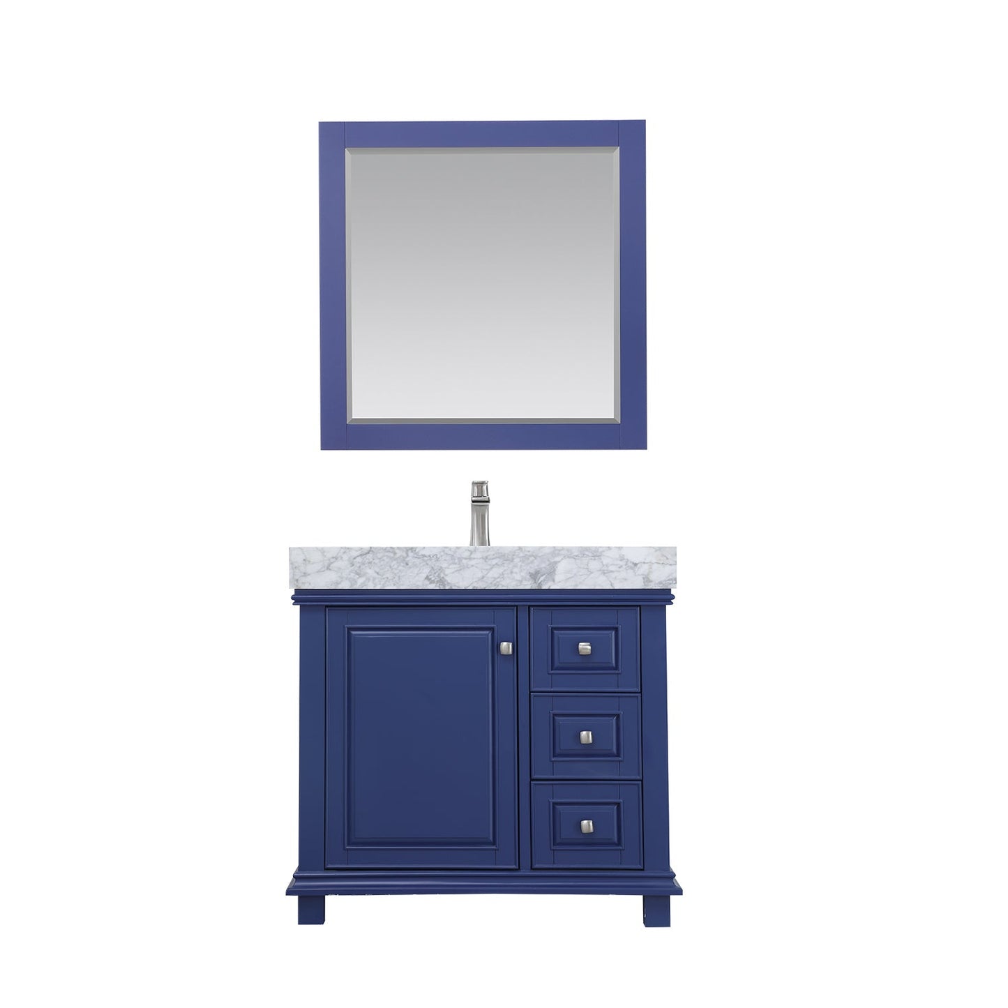 Jardin 36" Single Bathroom Vanity Set in Jewelry Blue and Carrara White Marble Countertop with Mirror