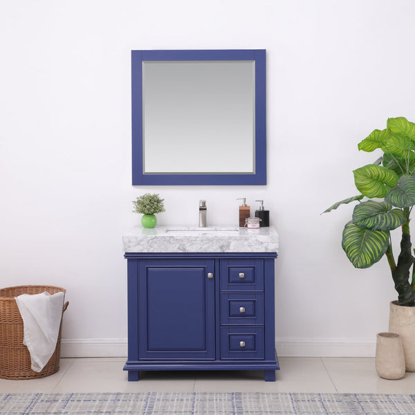 Jardin 36 Single Bathroom Vanity Set in Jewelry Blue and Carrara White Marble Countertop with Mirror