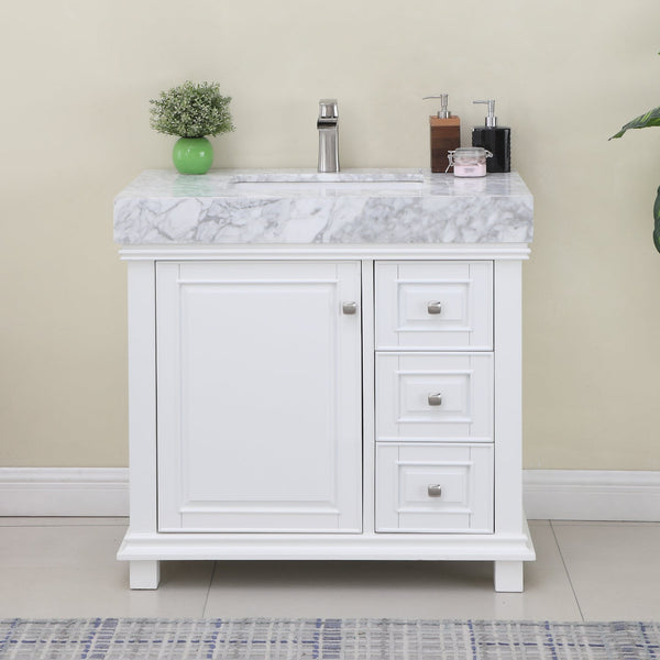 Jardin 36 Single Bathroom Vanity Set in White and Carrara White Marble Countertop without Mirror