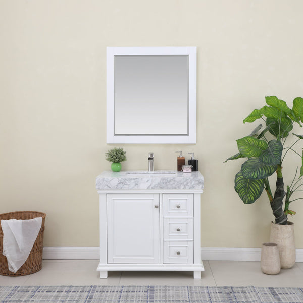 Jardin 36 Single Bathroom Vanity Set in White and Carrara White Marble Countertop with Mirror