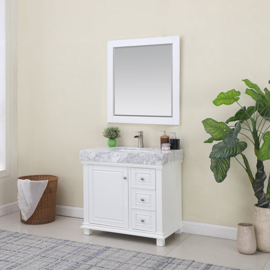 Jardin 36" Single Bathroom Vanity Set in White and Carrara White Marble Countertop with Mirror