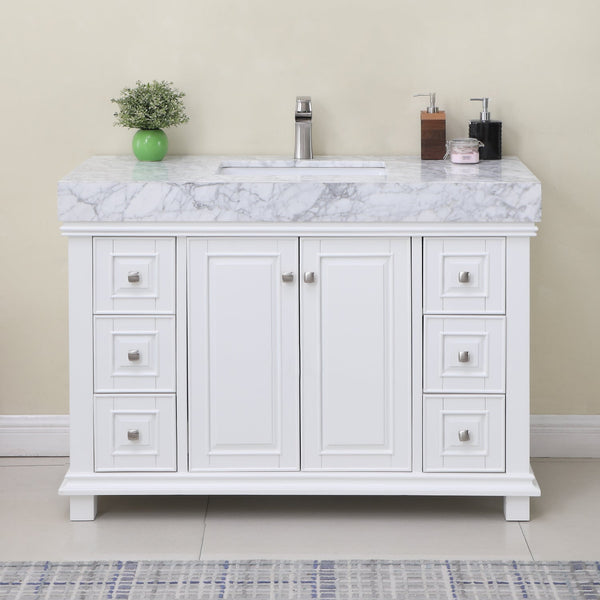 Jardin 48 Single Bathroom Vanity Set in White and Carrara White Marble Countertop without Mirror