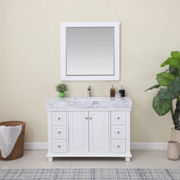 Jardin 48 Single Bathroom Vanity Set in White and Carrara White Marble Countertop with Mirror