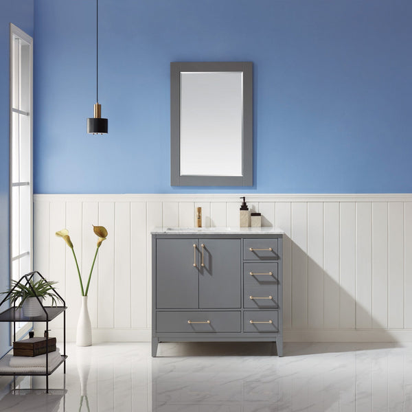 Sutton 36 Single Bathroom Vanity Set in Gray and Carrara White Marble Countertop with Mirror