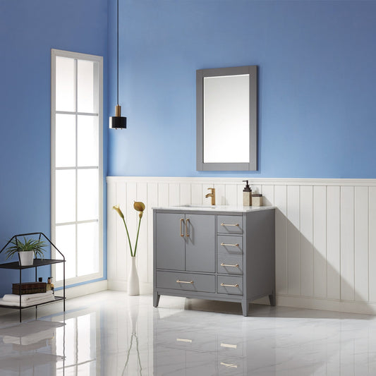 Sutton 36" Single Bathroom Vanity Set in Gray and Carrara White Marble Countertop with Mirror