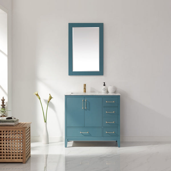 Sutton 36 Single Bathroom Vanity Set in Royal Green and Carrara White Marble Countertop with Mirror