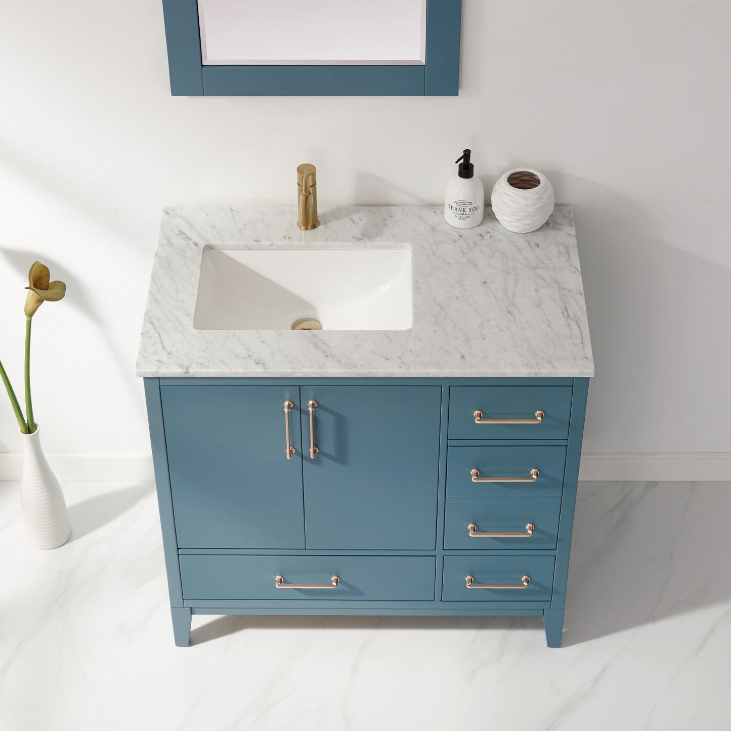 Sutton 36" Single Bathroom Vanity Set in Royal Green and Carrara White Marble Countertop with Mirror