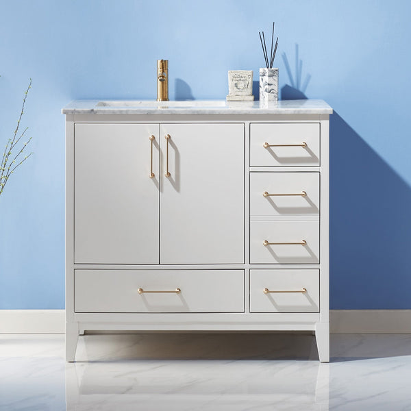 Sutton 36 Single Bathroom Vanity Set in White and Carrara White Marble Countertop without Mirror