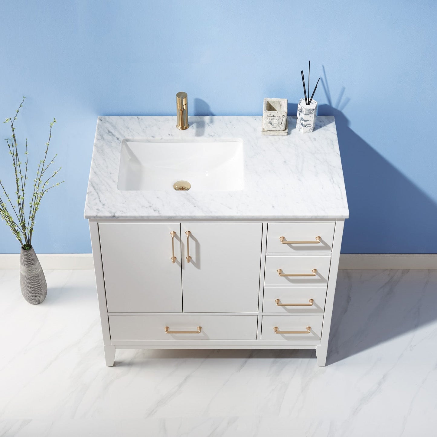 Sutton 36" Single Bathroom Vanity Set in White and Carrara White Marble Countertop without Mirror