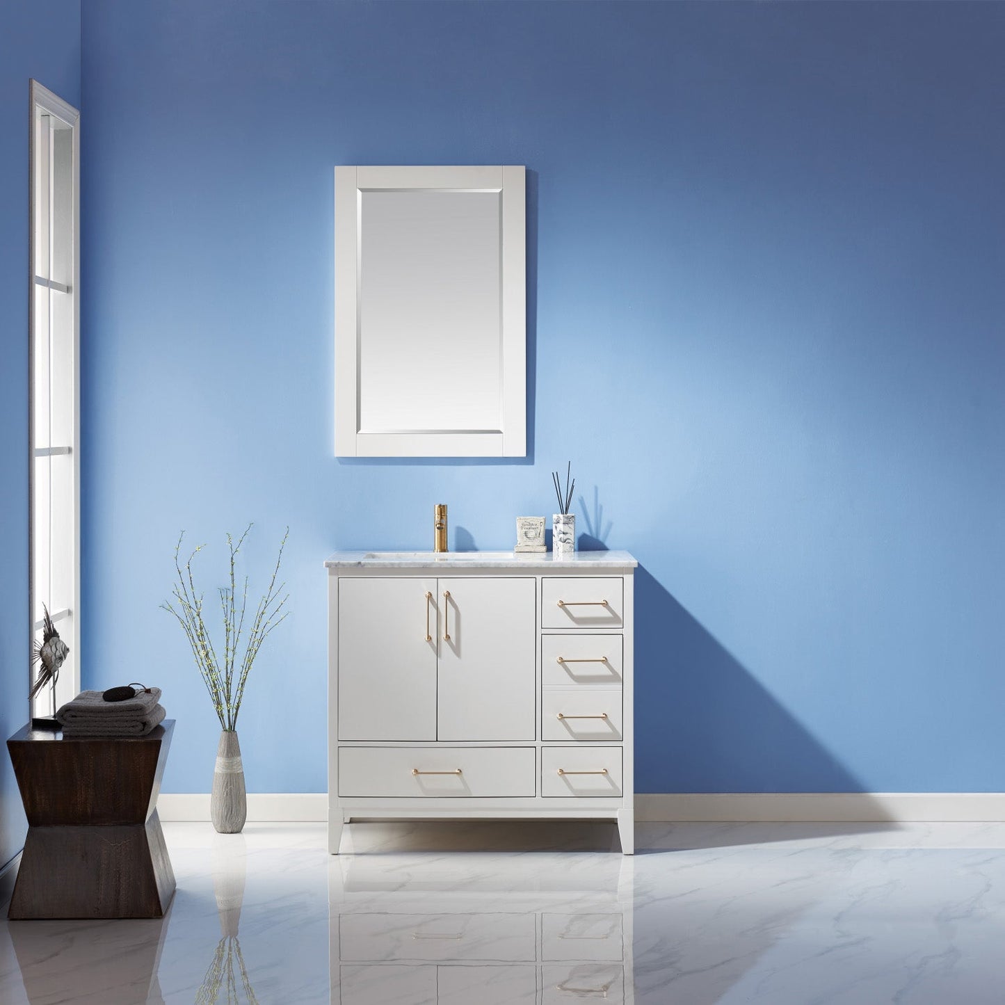 Sutton 36" Single Bathroom Vanity Set in White and Carrara White Marble Countertop with Mirror