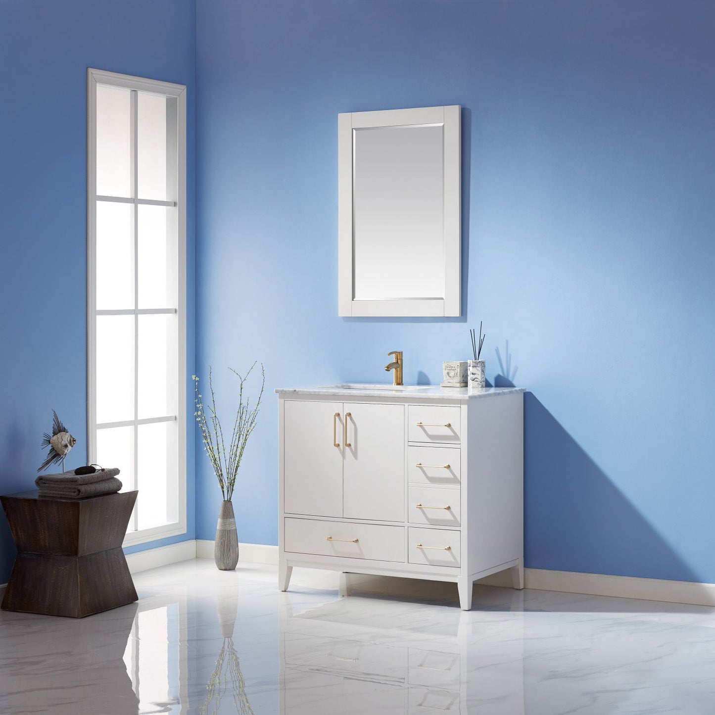 Sutton 36" Single Bathroom Vanity Set in White and Carrara White Marble Countertop with Mirror