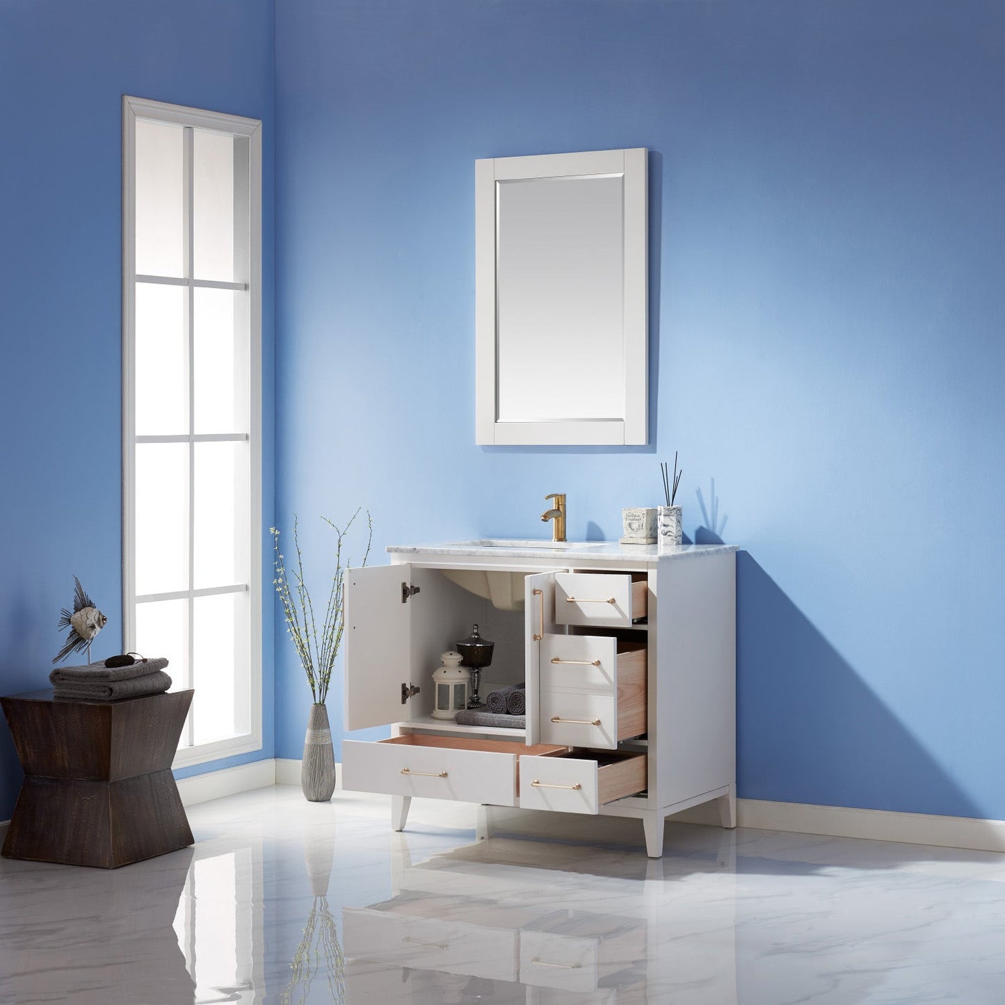 Sutton 36" Single Bathroom Vanity Set in White and Carrara White Marble Countertop with Mirror