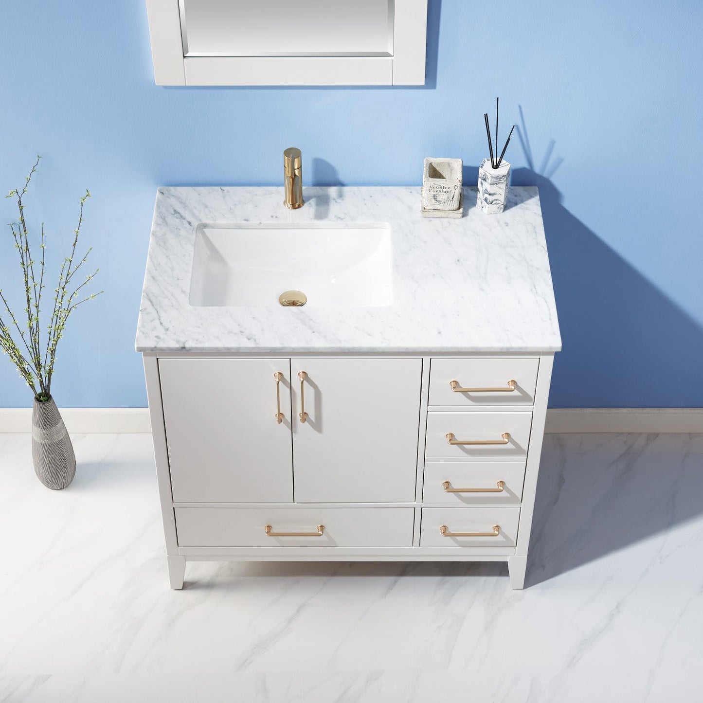 Sutton 36" Single Bathroom Vanity Set in White and Carrara White Marble Countertop with Mirror